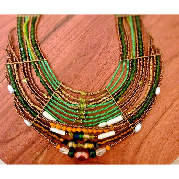 Handmade Green Gold Tribal Necklace Boho - Picture 4 of 10